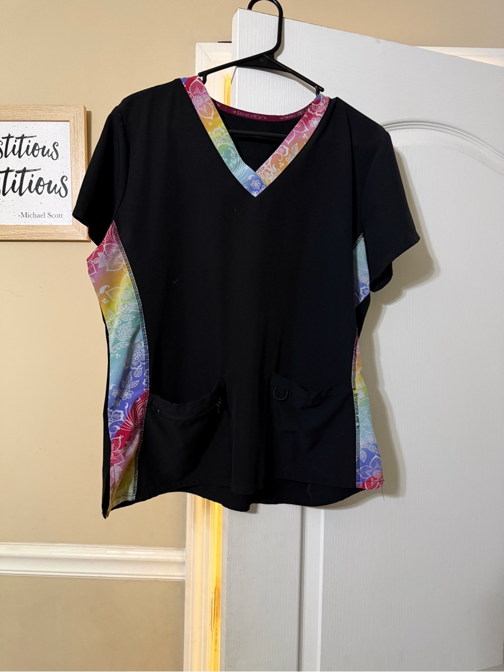 Black Women’s V-Neck Scrub Top with Rainbow Trim